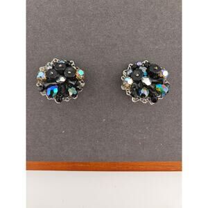 Vintage Crystal Cluster Silver Tone Clip Earrings Black Iridescent Cocktail Glam